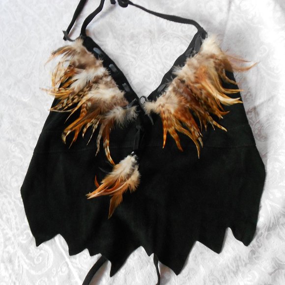Tan Yer Hide Leather Tops - Tan yer Hide Suede halter crop top Black with feathers size Small